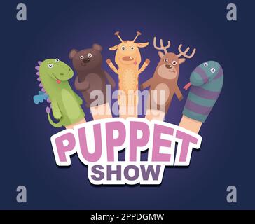 Puppet show. cartoon animals socks puppets. Vector logotype for theatre attraction Stock Vector