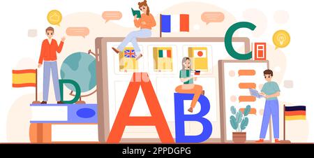 Online e-learning languages, video lessons or translator. Students prepare to exams, learn foreign language in e-class, snugly vector concept Stock Vector