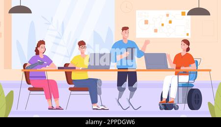 Disabled people at work. Inclusion diversity employment, disabilities colleagues working office table, handicap worker with disability or special needs vector illustration of wheelchair diversity Stock Vector