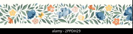 Delicate Chintz Romantic Meadow Wild Flowers Horizontal Vector Seamless Pattern Border Stock Vector