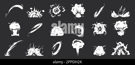 Explosion cartoon comic effect, white sparks of power lightning. Smoking fog, energy dust or tail of rocket. Steam clouds, snugly vector clipart Stock Vector