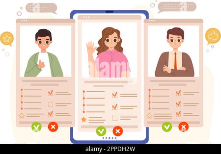 Online resume, candidates list on smartphone or laptop. New form recruiting, profiling and search employee. Selecting worker snugly vector scene Stock Vector