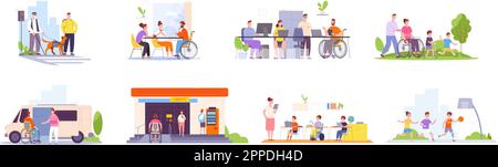 Disabled social barrier. Disability people in public place free accessibility environment, inclusive technology school transport, access to building, vector illustration of inclusive public place Stock Vector