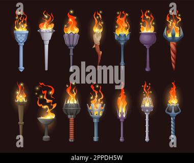 Burning torch light. Game asset tools stick burning flame exact vector illustrations set Stock Vector