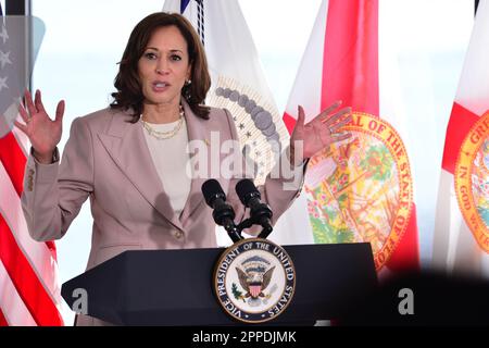 Key Biscayne, USA. 21st Apr, 2023. KEY BISCAYNE, FLORIDA - APRIL 21: US Vice President Kamala Harris delivers remarks on the administration's efforts to combat the climate crisis and build community resilience against extreme weather by announcing $562 million to help protect communities against the impacts on climate change at University of Miami's Rosenstiel School of Marine, Atmospheric, and Earth Science Center on April 21, 2023 at Key Biscayne, Florida. (Photo by JL/Sipa USA) Credit: Sipa USA/Alamy Live News Stock Photo