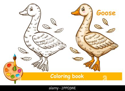 Cute goose duck farm water bird children coloring book page. Baby swan, drake poultry. Agriculture animal cartoon character. Kid education game vector Stock Vector