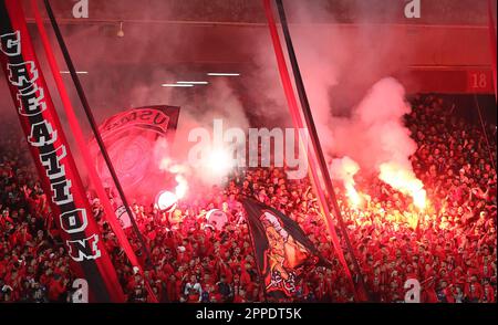 Algiers. 24th Apr, 2023. Fans cheer for the team during the Confederation of African Football (CAF) Confederation Cup quarterfinal match between USM Alger of Algeria and FAR Rabat of Morocco at 5th July Stadium in Algiers, Algeria, April 23, 2023. Credit: Xinhua/Alamy Live News Stock Photo