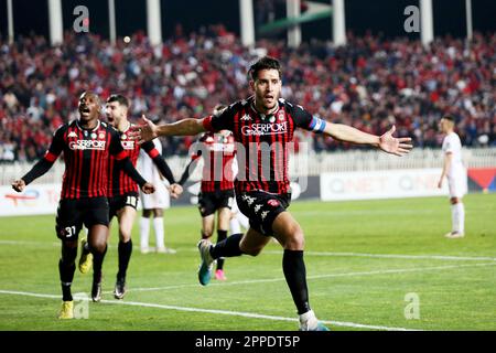 Algiers. 24th Apr, 2023. USM Alger's players celebrate after scoring during the Confederation of African Football (CAF) Confederation Cup quarterfinal match between USM Alger of Algeria and FAR Rabat of Morocco at 5th July Stadium in Algiers, Algeria, April 23, 2023. Credit: Xinhua/Alamy Live News Stock Photo