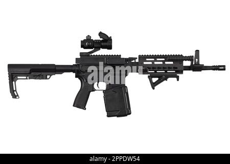 Carbine with belt-fed upper receiver that convert AR-15 or M16 from a standard, magazine rifle to light machine gun. Isolated on a white background Stock Photo