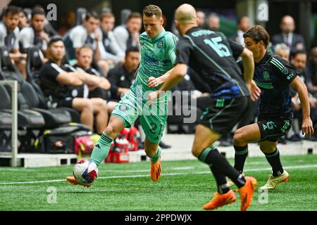 ATLANTA, GA – APRIL 23: Atlanta midfielder Thiago Almada (23) during the US  Open Cup match between Memphis 901 FC and Atlanta United FC on April 26th,  2023 at Fifth Third Bank