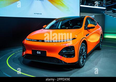 XPeng G6 electric SUV on display at the 2023 Shanghai Auto Show. Stock Photo