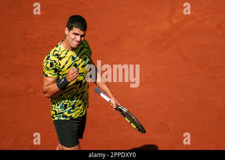 Barcelona, Spain. 23rd Apr, 2023. Carlos Alcaraz of Spain celebrates during the men's singles final match against Stefanos Tsitsipas of Greece at the Barcelona Open tennis tournament in Barcelona, Spain, April 23, 2023. Credit: Joan Gosa/Xinhua/Alamy Live News Stock Photo