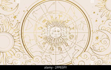 Zodiac wheel with 12 signs and constellations, astrology vintage banner with golden sun and moon, horoscope background. Hand drawn vector illustration Stock Vector