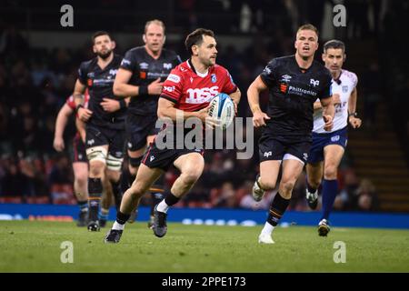 Cardiff, Wales. 22nd April 2023. Tomos Williams during URC Welsh Shield Judgement Day rugby match, Ospreys v Cardiff Rugby at Principality Stadium in Cardiff, Wales. Credit: Sam Hardwick/Alamy Live News. Stock Photo