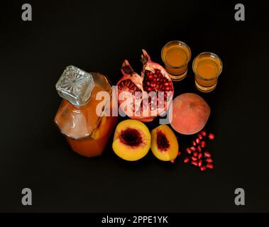 Top view pomegranate wine, bottle opener and fruit Stock Photo - Alamy