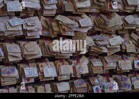 Japanese Ema wishes at a shrine in Tokyo Stock Photo