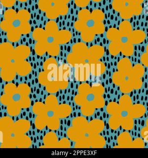 Hand drawn seamless pattern with yellow daisy flowers, floral print on blue  teal background with black dots spots. Colorful mid century modern design, retro  vintage decoration art Stock Photo - Alamy