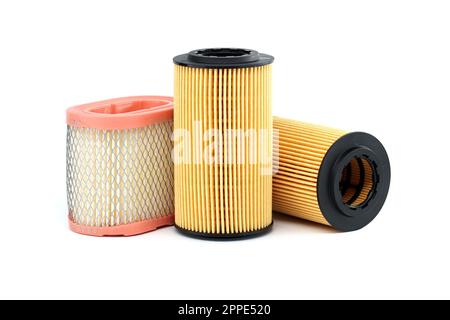 Vehicle engine oil filters elements and motor oil cans isolated on a ...