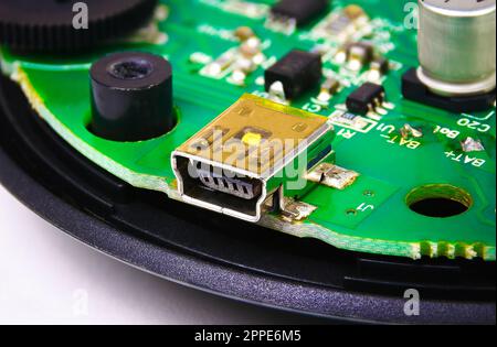 Close up of a USB type B port on electronic circuit board of electrical appliance, Electronics equipment concept. Stock Photo