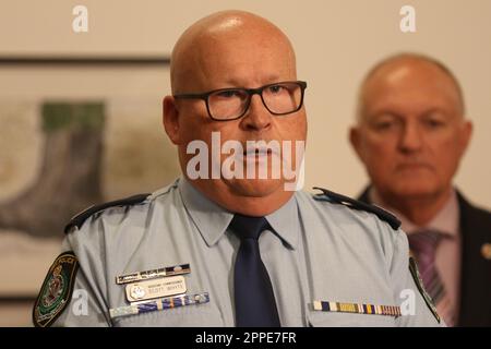 Sydney, Australia. 24th April 2023. The NSW Police Force have launched a high-visibility policing operation ahead of Anzac Day, one of the nation’s most important occasions. Operation Commander, Assistant Commissioner Scott Whyte, was joined by Minister for Veterans, David Harris, RSL NSW President, Ray James, and Transport for NSW Acting Chief Operations officer Mark Hutchings, to launch Operation Anzac Day 2023 at 12pm today (Monday 24 April 2023). Pictured: Assistant Commissioner Scott Whyte, Operation Commander. Credit: Richard Milnes/Alamy Live News Stock Photo