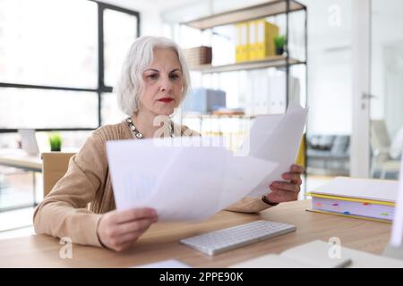 Serious grey haired woman studies reports sitting at desk Stock Photo
