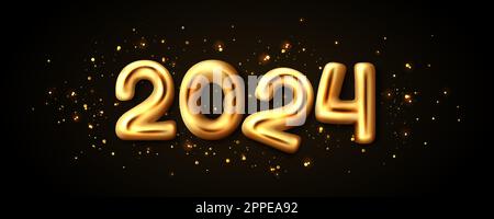 2024 gold 3d chrome letter glitter splatter design. Number font with twenty and four isolated element. Luxury shine alloy typography for greeting and celebrate New Year. Premium glossy metal headline Stock Vector