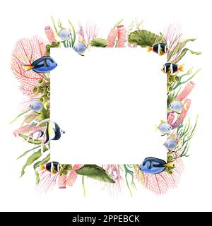 Square frame with underwater corals, plants and tropical fish. Hand drawn watercolor illustration isolated on white Stock Photo