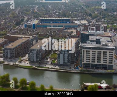 An aerial view of the Weston Homes Stadium, home of Peterborough United FC in Peterborough, Cambridgeshire, UK Stock Photo