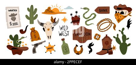 Cartoon wild west elements. Western isolated objects. Cowboy skull in wide brimmed hat. Sheriff badge. Desert cacti. Saloon doors. Tequila bottle Stock Vector