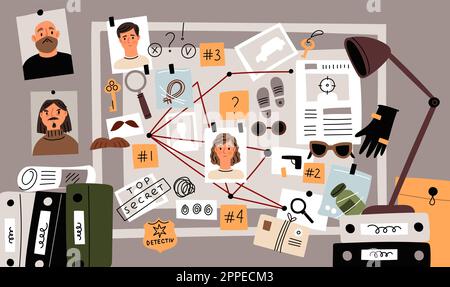 Detective board. Police office attribute. Evidences collection. Marked map. Photos with suspects. Criminal investigation. Spy document folders. Secret Stock Vector