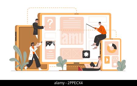 Laptop, tablet and phone application. Digital project adaptation to different formats. Programmers development team working on website. Developers Stock Vector