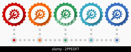 Repair, industry, service concept vector icon set, colorful infographic template, set of flat design badge icons in 5 color options Stock Vector