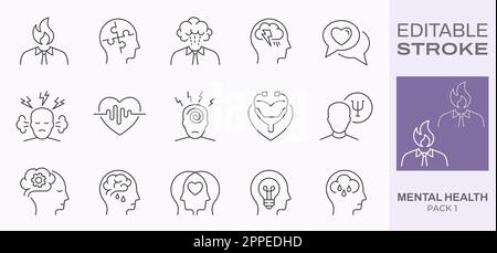 Mental health icons, such as charity, anxiety, stress, panic attack and more. Editable stroke. Stock Vector