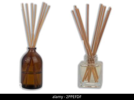 Two Incense Air Freshener Reed Diffuser Bottles on white background Stock Photo