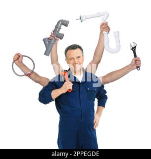 Plumber with different tools on white background. Multitasking handyman Stock Photo
