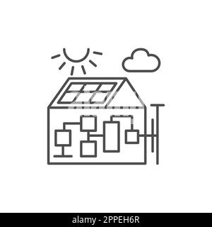 Solar power system related vector linear icon. Ecological power generation. Electricity supply. Vector outline illustration Isolated on white backgrou Stock Vector