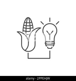 Biomass electric related vector linear icon. Corn powers a light bulb. Ecological research. Eco energy and biofuel. Vector outline illustration Isolat Stock Vector