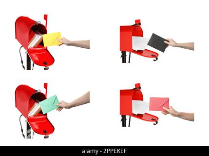 Collage with photos of women putting envelope in red letter box on white background Stock Photo