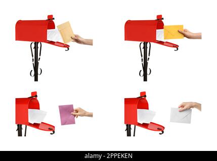 Collage with photos of women putting envelope in red letter box on white background Stock Photo