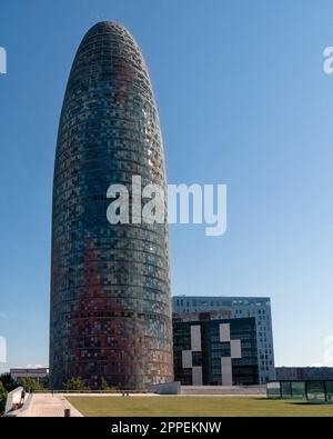 BARCELONA, SPAIN - SEPTEMBER 13, 2013:  Exterior view of The Torre Glòries (formerly Torre Agbar) skyscraper Stock Photo