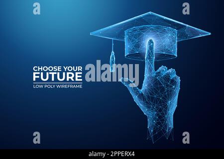 Hand pointing at graduation cap on technology blue background. Stock Vector