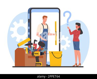 Calling repairman, foreman or husband for hour. Man with tools on smartphone screen. Mechanic or contractor character, hammer and saw in box. Cartoon Stock Vector