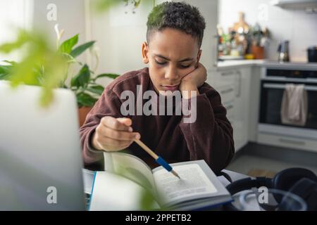Boy doing homework at home Stock Photo
