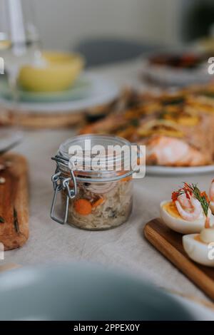 Close-up of herrings in jar for Easter meal Stock Photo