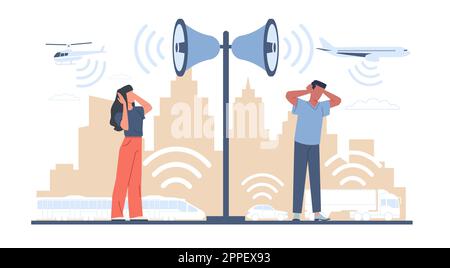 People who suffer from loud noisy city sounds. Man and woman covering ears with hands. City audio speakers, annoyed signals from planes and cars Stock Vector