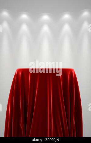 Elegant podium display with red velvet cloth and natural folds for product presentation. Light grey background with spot illumination. Photorealistic Stock Photo