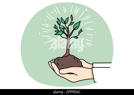 Person holding in hands tree in ground show care about nature and environment. Man with seedling in soil engaged in gardening or greenery hobby. Planet safety and protection. Vector illustration. Stock Vector