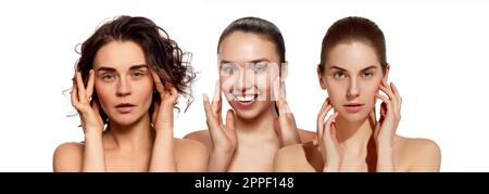 Collage. Three beautiful women with clear, spotless, healthy skin against white background. Organic products treatment Stock Photo