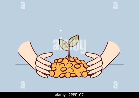 Hands with gold coins and growing tree symbolizing dividends on accumulated capital and profitable investment. Gold with green leaves as metaphor for financial literacy and ability to invest or trade  Stock Vector