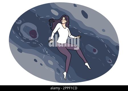 Anxious young woman wander through unknown risky area. Scared girl in dangerous space searching for something. Risk and challenge concept. Flat vector illustration. Stock Vector